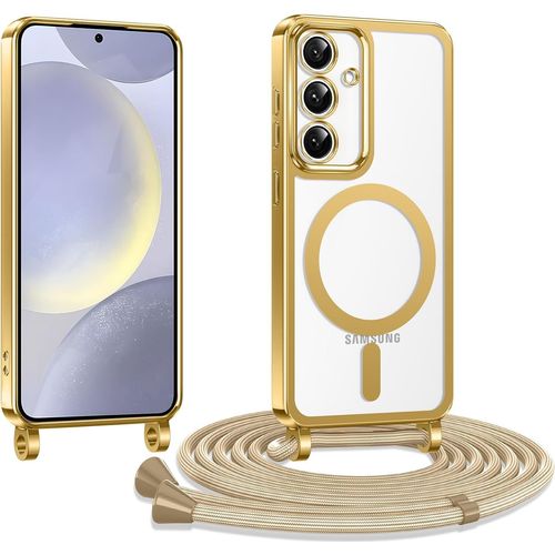 Coque Transparente Magnétique Compatible Magsafe Pour Samsung Galaxy S25 Plus 5g - Tpu Souple Anti-Jaunissement, Protection Écran & Caméra, Cordon Bandoulière Réglable Amovible (Or)
