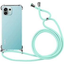 KAL-Collier Cordon Coque Pour Xiaomi Mi 11 Lite 4G/5G 6.55"",Avec Cordon Réglable Lanyard Housse Transparente Silicone Anti-Chute Etui Compatible Avec Xiaomi 11 Lite,Ètuis À Bandoulière,Vert