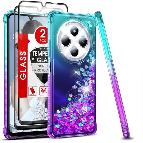 Coque Pour Xiaomi Redmi 14c/14 C Avec Verre Trempé [Lot De 2], Fille Liquide Paillette Transparente Silicone Gel Tpu Antichoc Kawaii Etui Housse, Turquoise Violet