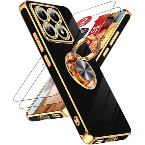 Coque Xiaomi 14t / 14 T 5g ¿ Double Couche Pc+Tpu Antichoc, 2 Verres Trempés, Bumper Galvanisé, Anneau Métallique Rotatif 360° Aimanté Support, Noir