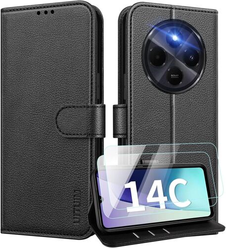 Coque Pour Xiaomi Redmi 14C Coque Etui Portefeuille Cuir Avec 2 Verre Trempé Protection Écran Porte Carte Rabat Clapet Flip Case Étui Cover Housse Etui Pour Xiaomi Redmi 14C,Noir