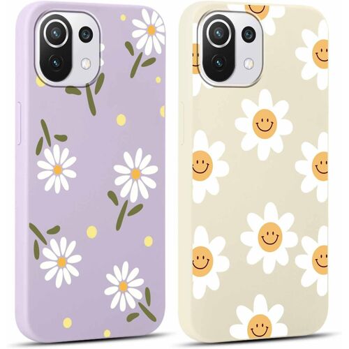 KAL-2 Pièces Violet Coque Pour Xiaomi Mi 11 Lite 4G/5G/5G Ne 6,55"" Motif De Fleurs Et Feuilles Fille Femme Étui, Housse De Protection Antichoc Tpu Mignon Aesthetic Case Pour Xiaomi Mi 11 Lite,Beige
