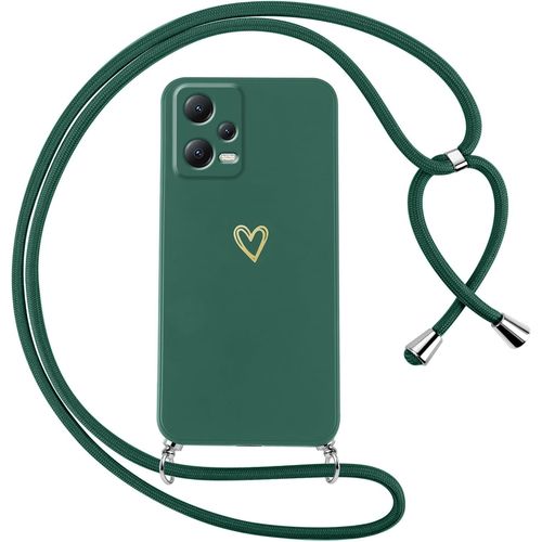 KAL-Coque Pour Xiaomi Redmi Note 12 5G/Xiaomi Poco X5 Avec Cordon De Collier Étui Housse Souple Silicone Avec Motif Coeur Et Lanyard Réglable Antichoc Anti-Chute Bandoulière Lanière Case,Vert