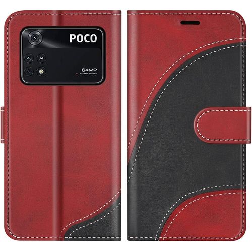 Kal-Coque Pour Xiaomi Poco M4 Pro 4g, Portefeuille Etui En Cuir Pu, Magnétique Protection Housse Coque Pour Xiaomi Poco M4 Pro 4g, Rouge