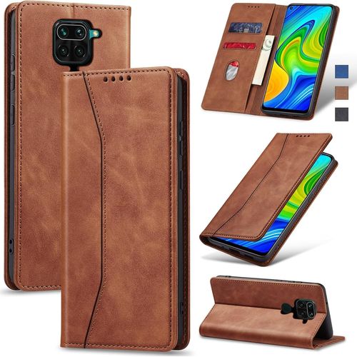 Trahoo-Coque Pour Xiaomi Redmi Note 9, Housse Etui En Cuir Pu Portefeuille [Antichoc] [Magnétique] [Porte Cartes] [Stand Fonction] Flip Coque (Brun)
