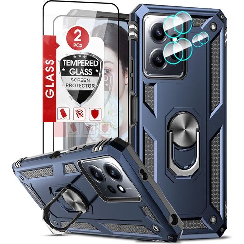 Coque Xiaomi Redmi Note 12 4g (Pas Pour 5g) Bleue + 2 Verres Trempés + 2 Protections Lentille Caméra, Armor Pc Rigide + Tpu Antichoc Avec Anneau Support Rotatif 360°
