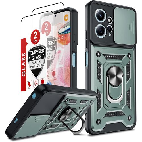 Coque Xiaomi Redmi Note 12 4g (Non 5g) Verte - Bague Support, Protection Coulissante Caméra, Pc+Tpu Antichoc Et Anti-Rayures + 2 Verres Trempés