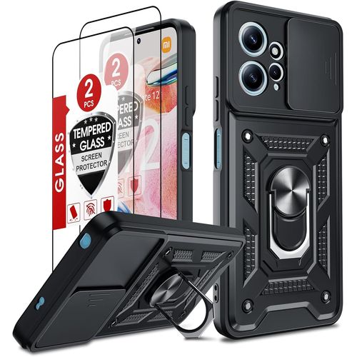 Coque Xiaomi Redmi Note 12 4g + 2 Verres Trempés ¿ Protection 360° Avec Cache Photo Coulissant, Bumper Antichoc Magnétique, Support Anneau, Compatible Charge Sans Fil ¿ Noir