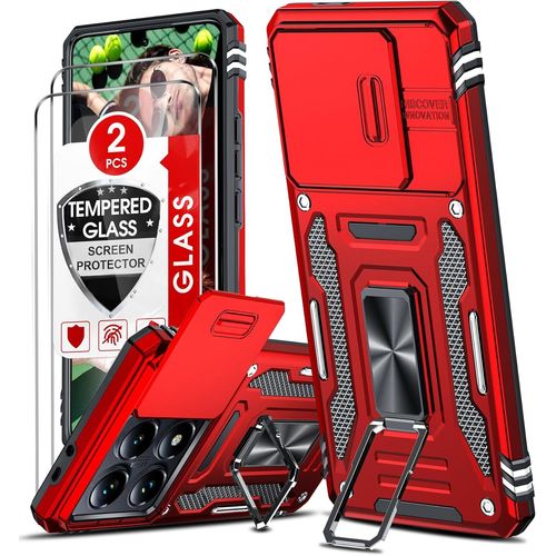 Coque Xiaomi 14t Pro Antichoc - Cache Caméra Coulissant, Bumper Tpu+Pc, Anneau Rotatif 360° Support Mains¿Libres, Rouge