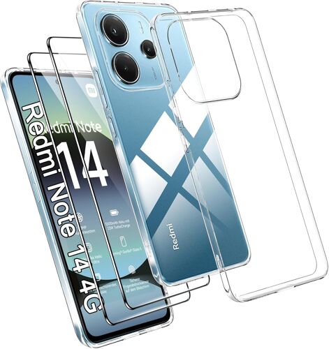 CAUC-Coque pour Xiaomi Redmi Note 14 4G (Taille Correcte) Case avec 2 Verre Trempé Protection écran Deux, Transparent Soft Etui Silicone TPU Cover Absorption de Choc et Anti-Scratch Housse étui