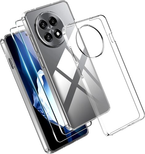 CAUC-Coque pour OnePlus 13R 5G Case avec 2 Verre Trempé Protection écran Deux, Transparent Soft Etui Silicone TPU Cover Housse Absorption de Choc et Anti-Scratch Housse étui