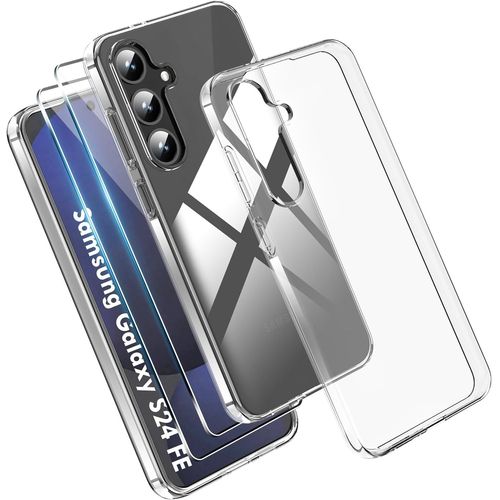 Coque Tpu Transparente Pour Samsung Galaxy S24 Fe 5g - Protection 4 Coins Anti-Choc + 2 Verres Trempés Anti-Rayures (Pack Coque + 2)