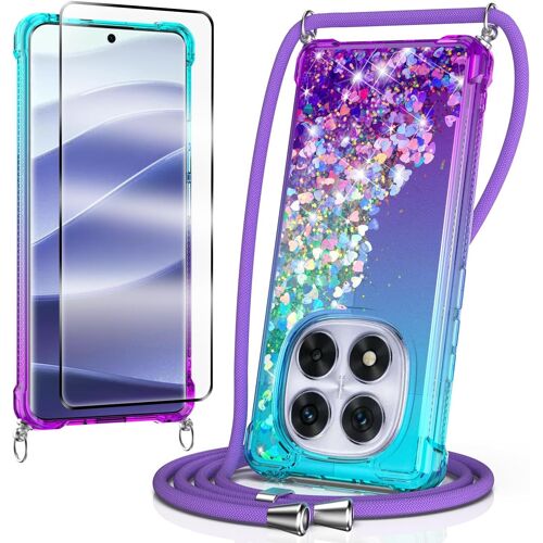 JGD-Coque pour Xiaomi Redmi Note 14 Pro 5G,avec Verre Trempé Protection écran Liquide Paillette Antichoc Silicone Housse avec Cordon Collier Tour de Cou Lanière Coque,Purple
