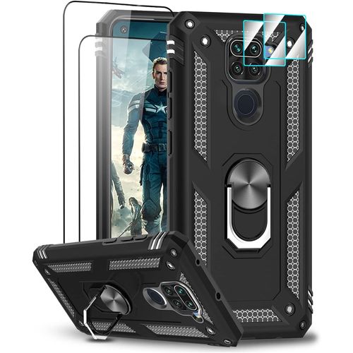 Case For Xiaomi Redmi Note 9 With 2 Tempered Glass And 2 Protection Camera, Ring Stand Military Anti-Fall Bumper Shockproof Hard Armor Case Cover For Xiaomi Redmi Note 9 Black