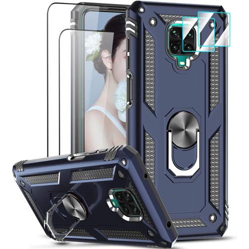 Case For Xiaomi Redmi Note 9 Pro/Note 9s With 2 Tempered Glass And 2 Protection Camera, Ring Stand Military Anti-Fall Bumper Shockproof Hard Armor Case Cover Blue