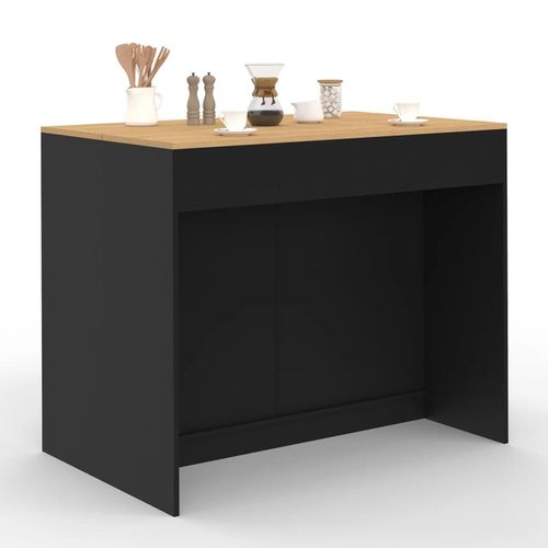 Ilot Central Cesar 110 Cm Avec Tablette Relevable Rectangulaire Bois Noir Et Façon Hêtre