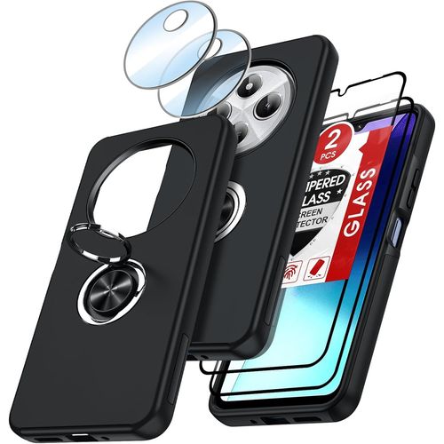 Coque Pour Xiaomi Redmi 14c/14 C Avec 2 Verre Trempé Vitre Protection, 2 Protection Camera Et Anneau Telephone Invisible, Militaire Pc Et Tpu Etui Antichoc Housse Pour Redmi 14c - Noir