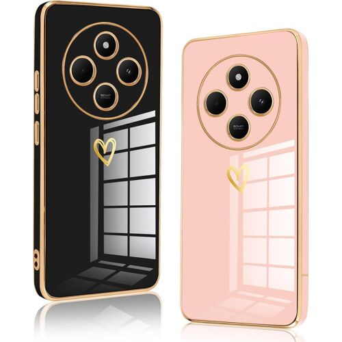 KAL-2 Packs Coque Pour Xiaomi Redmi 14C, Ultra Fine Souple Tpu Silicone Antichoc Housse Étui De Téléphone Avec Motif Coeur Et Bordure Dorée Case Protection Pour Fille, Noir Et Rose