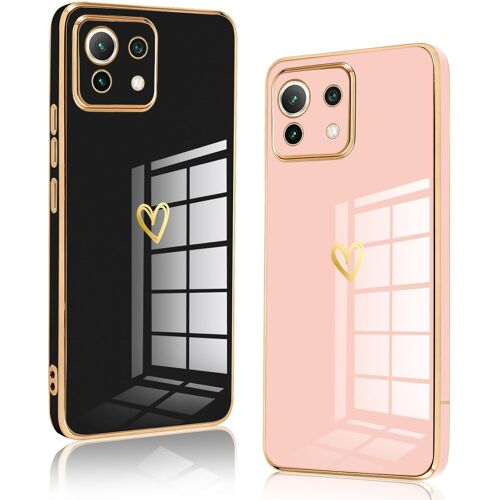 JGD-2 Packs Coque pour Xiaomi 11 Lite 5G NE/Mi 11 Lite 4G/5G, Souple TPU Silicone Antichoc Housse Étui de Téléphone avec Motif Coeur et Bordure Dorée Case Protection pour Xiaomi 11 Lite,Noir et Rose