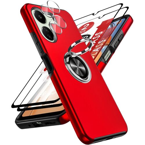 Coque pour Xiaomi Redmi 13C 4G /Xiaomi Poco C65,avec 2 Verre Trempé Vitre Protection, 2 Protection Camera et Anneau Telephone Invisible, Militaire PC et TPU Etui Antichoc Housse- Rouge