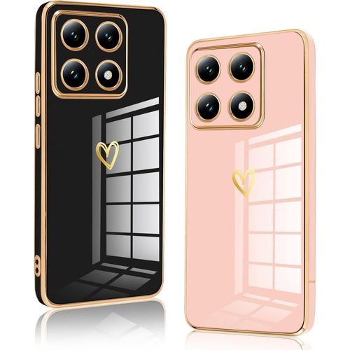 Pack 2 Coques Xiaomi 14t 6.67"" Silicone Tpu Souple Motif C?ur Doré Anti-Chocs Anti-Rayures Bumper Coins Renforcés Protection - Noir Et Rose