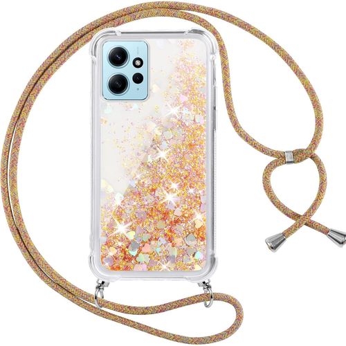 Coque Pour Xiaomi Redmi Note 12 4g Avec Cordon, Paillette Liquide Transparent Crystal Glitter Housse, Protection Antichoc Silicone Souple Tpu Bumper Case, Réglable Collier, Or[Wke01424]