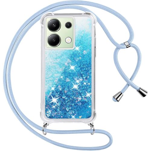 KAL-Coque Pour Xiaomi Redmi Note 13 4G Avec Cordon,Paillette Liquide Transparent Crystal Glitter Housse,Protection Antichoc Silicone Souple Tpu Bumper Case,Réglable Collier Pour Redmi Note 13, Bleu