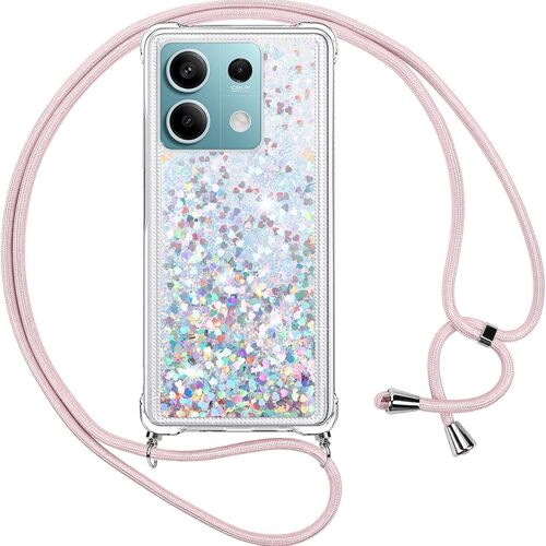 KAL-Coque Pour Xiaomi Redmi Note 13 5G Avec Cordon,Paillette Liquide Transparent Crystal Glitter Housse,Protection Antichoc Silicone Souple Tpu Bumper Case,Réglable Collier, Argent