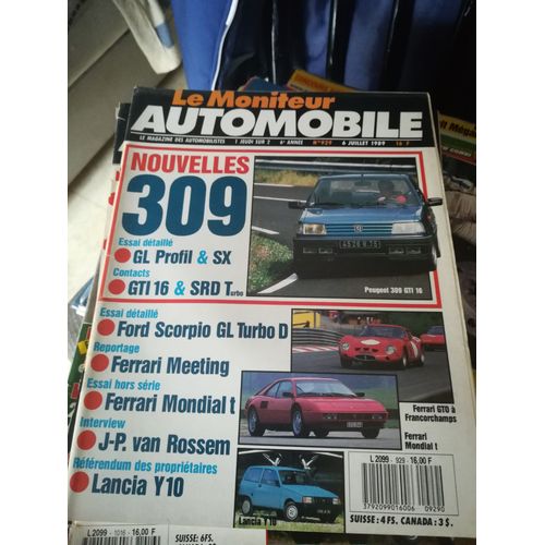 Le Moniteur 929 De 1989 Peugeot 309 Gti 16,Srd Turbo,Sx,Gl Profil,Lancia Y10,Golf Td,Audi 80 Td,Ferrari Mondial T,Van Rossem,Ford Scorpio 2.5 Td