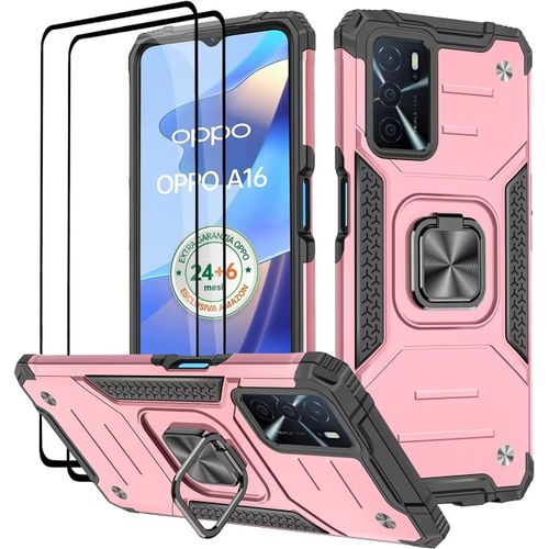 Coque Pour Oppo A16/A16s/A54s,Verre Trempé [2 Pièces] + Housse Tpu Silicone Rotation 360° Aimant Anneau Support Double Défense Protection Etui-Or Rose
