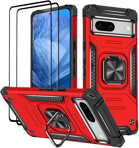LORANKA-Coque pour Google Pixel 8A, Verre Trempé [2 Pièces] + Housse TPU Silicone Rotation 360° Aimant Anneau Support Double Défense Protection Etui - Rouge