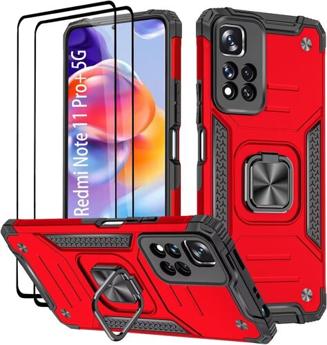 KAL-Coque Pour Xiaomi Redmi Note 11 Pro Plus/Redmi Note 11 Pro+, Verre Trempé [2 Pièces] + Housse Tpu Silicone Rotation 360° Aimant Anneau Support Double Défense Protection Etui - Rouge