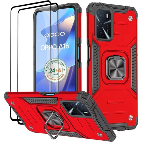 KAL-Coque Pour Oppo A16 / A16S / A54S, Verre Trempé [2 Pièces] + Housse Tpu Silicone Rotation 360° Aimant Anneau Support Double Défense Protection Etui - Rouge