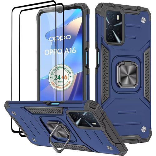 KAL-Coque Pour Oppo A16 / A16S / A54S, Verre Trempé [2 Pièces] + Housse Tpu Silicone Rotation 360° Aimant Anneau Support Double Défense Protection Etui - Bleu