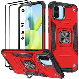Coque Pour Xiaomi Redmi A1 / Redmi A2, Verre Trempé [2 Pièces] + Housse Tpu Silicone Rotation 360° Aimant Anneau Support Double Défense Protection Etui - Rouge