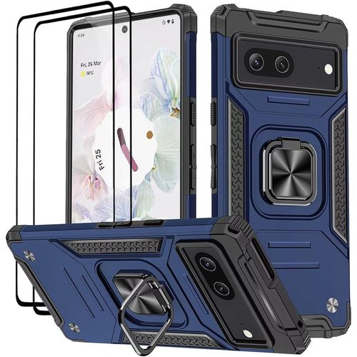 Kal-Coque Pour Google Pixel 7, Verre Trempé [2 Pièces] + Housse Tpu Silicone Rotation 360° Aimant Anneau Support Double Défense Protection Etui - Bleu