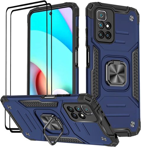 JGD-Coque pour Xiaomi Redmi 10 / Redmi 10 2022, Verre Trempé [2 Pièces] + Housse TPU Silicone Rotation 360° Aimant Anneau Support Double Défense Protection Etui - Bleu
