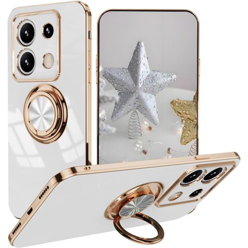 KAL-Coque Pour Xiaomi Redmi Note 13 5G, Très Mince Antichoc Premium Tpu Bumper Souple Silicone Housse, Élégant Électrolytique Bord Or 360°Anneau Support Étui, Blanc