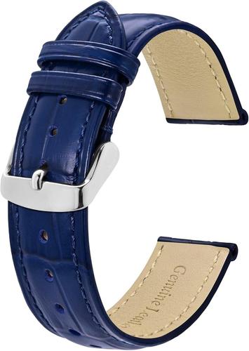 19mm Bracelets De Montre, Cuir Gaufré Crocodile, Largeur De Bande - Bleu Avec Boucle Argentée