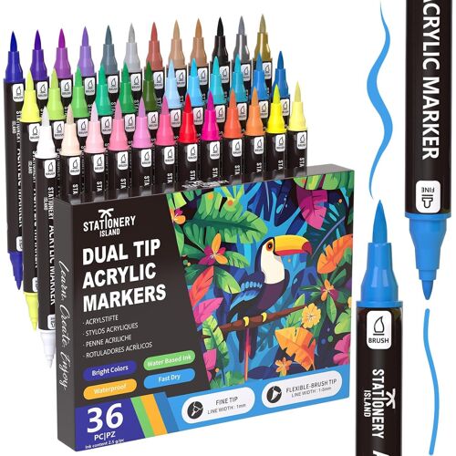 KALANKA-Feutre Acrylique Peinture stylo 36 Couleurs Marqueur Peinture Acrylique Pointe Fine & Pinceau Acrylic Paint Marker pour Roche Tissu Pierre Bois Verre Papier Plastique