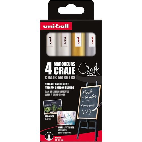 Letnerny-Chalk Marker - Uni Mitsubishi Pencil - Marqueurs Craie Pwe-5m - Marquage Éphémère, Résistant À La Pluie - Pointe Conique Medium - Emballage Zéro Plastique - Lot De 4 - Blanc X2, Or, Argent