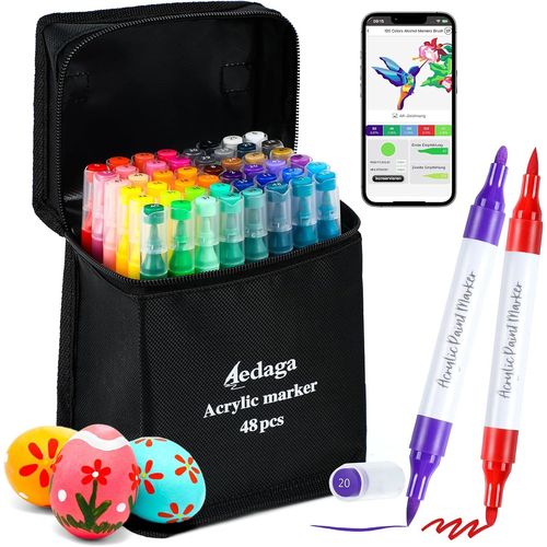 Meimie-48 Couleurs Numérotés Feutre Acrylique Avec App Gratuite,Marqueur Acrylique Double Pointe(Pinceau Et Fine)Pour Adultes Et Enfants,Feutres Coloriage Adulte Pour ?ufs,Bois,Pierre,Toile