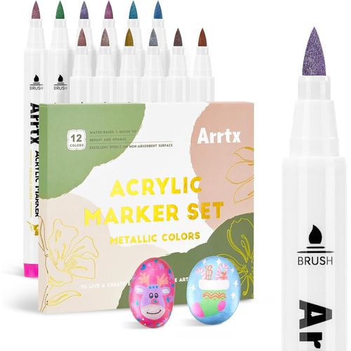 Arrtx 12a Marqueur Peinture Acrylique Métallisés Permanent Stylos, Feutre Double Pointe Pinceau Et Fine Pour Peinture Rupestre, Bricolage, Céramique,Verre,Toile,Bois,?uf De Pâques,Bricolage