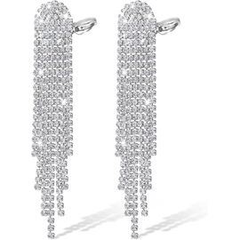 Women's Rhinestone Drop Earrings Silver Glitter Tassel Long Crystal Chandelier Earrings Diamond Fringe Earrings