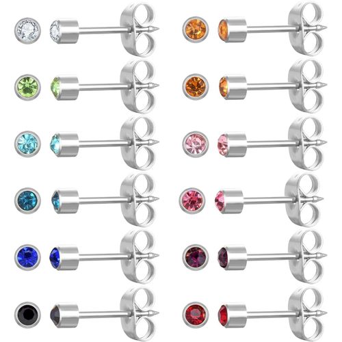 Senior-Lot De 12 Paires De Boucles D'oreilles En Acier Inoxydable Chirurgical Plaqué Or Avec Pierre De Naissance Multicolore Et Zircone Cubique Pour Piercing D'oreille[L41]