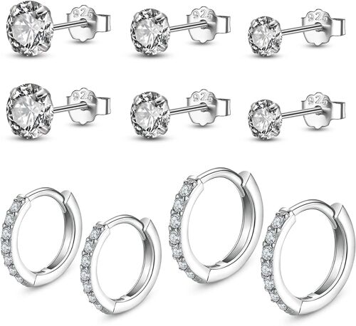 5 Pairs Of 925 Sterling Silver Earrings Set For Women 8.5mm/10.5mm, 925 Cubic Zirconia Hypoallergenic Stud Earrings (3mm/4mm/5mm), Sterling Silver, Cubic Zirconia