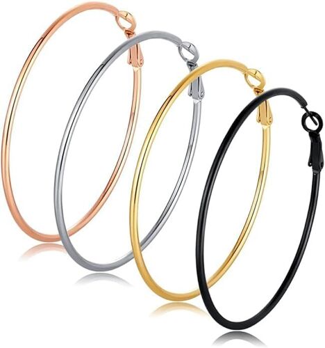 Set Of 4 Pairs Of Women's Earrings - 316l Stainless Steel Large Hoop Earrings Hypoallergenic 14k Gold Plated Silver/Gold/Rose Gold/Black (30/40/50/60 Mm)