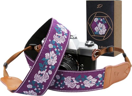 Sangle Appareil Photo-Extrémités en Cuir de Vachette Ddouble Couche,Sangle D'appareil Photo en Coton Brodé de 2"",Bandoulière Photographe Réglable Pour Tous Les Appareils Photo DSLR.[E52]