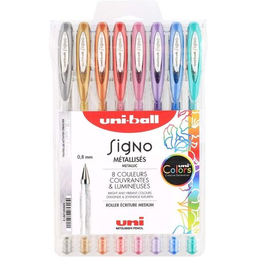 Asfasfq-Uni-Ball Mitsubishi Pencil - 8 Stylos Rollers Encre Gel Signo - Couleurs Métalliques - Pointe 0,8 Mm - Écriture Médium - Rollers Créatifs Pour Carterie Et Loisirs Créatifs