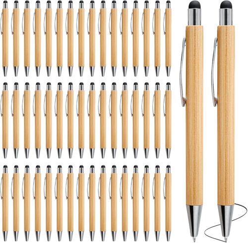 Lot De 50 Stylos À Bille En Bambou, Stylet 2 En 1, Personnalisés, Rétractables, Doux Au Toucher, Pour École Bureau Voyages